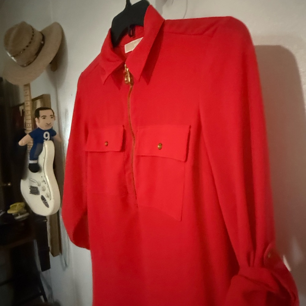 Michael Kors Red Boxy Button Down Polo Blouse